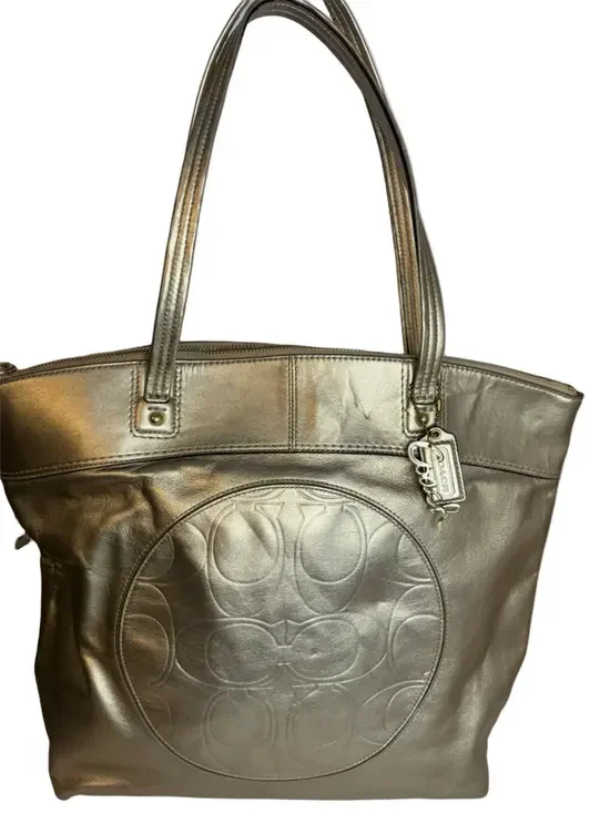 💖 #255 Coach Laura Leather Signature Print Metallic Gold Shoulder Tote Bag
