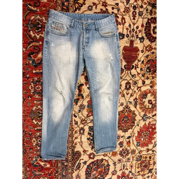 Diesel Industry Jeans Light Wash Slim Fit Zip Pocket Distressed Size 34