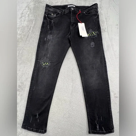 NEW Gio Bardolini Esteban 38‎ x 32 Black Distressed Denim Jeans