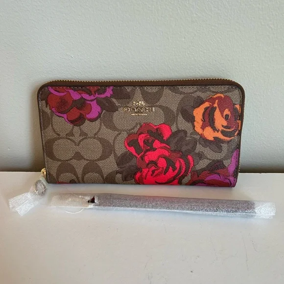 Coach‎ Accordion Zip Rose Print Tan Signature Canvas Wallet NEW