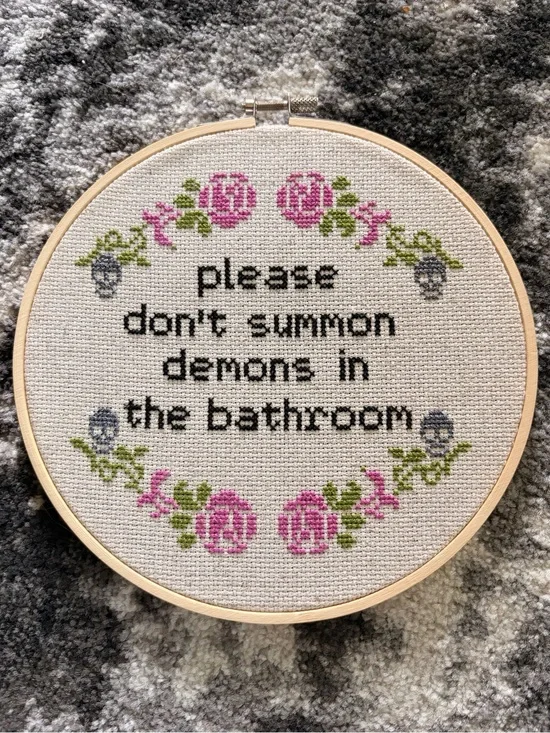Bathroom Demons Cross Stitch Hoop