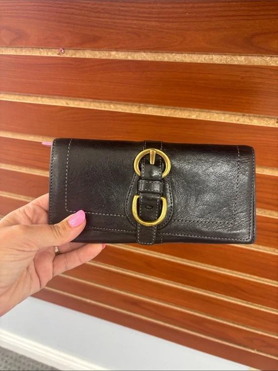 Coach Black Leather Wallet with Legacy Stripe interior