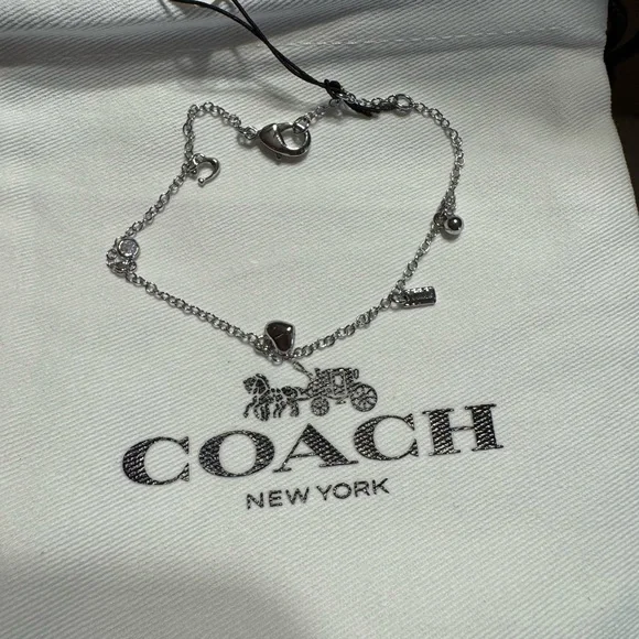 Coach Silver Crystal Heart Charm Bracelet NWT Dainty Chain Logo Tag