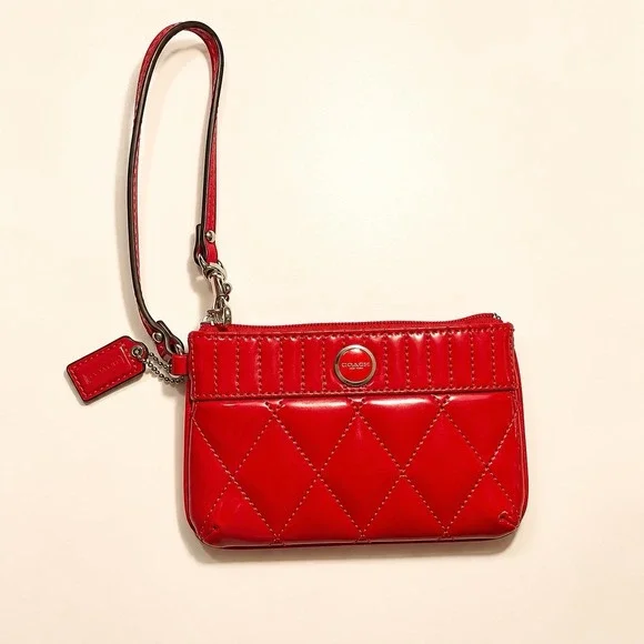 Coach Red Patent Leather Quilted Wristlet Coin Purse Wallet
