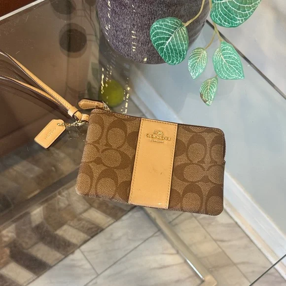 Coach Signature Brown and Tan Wristlet