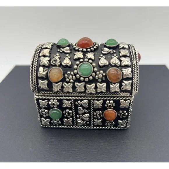 Small Metal and Semiprecious Stones Jewelled Pillbox Trinket Jewelry Box
