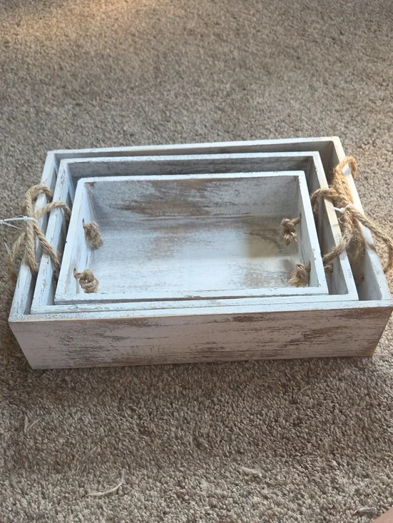 Rustic Whitewashed Wooden Nesting Trays with Rope Handles