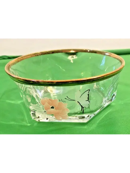 Italian glass vanity jewelry bowl with butterflies and flower with a gold rim