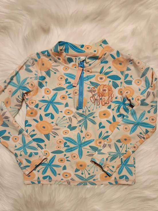 Ruffle Butts Kids Floral Long-Sleeve Swim Top - Peach & Teal - Girls Size 5