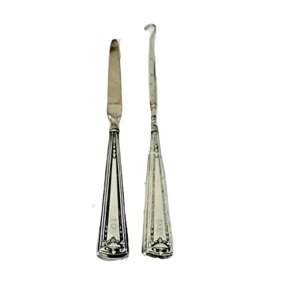 Antique Vanity Set Sterling Silver Handles Boot Hook Nail File Engraved 3 1/4