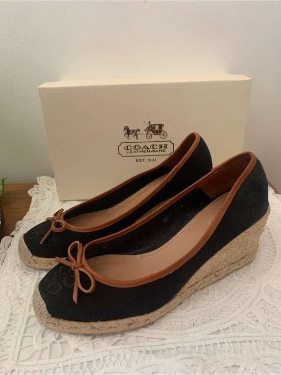 Coach Ireena Black Espadrille Wedges Trimmed in Cognac Leather 10