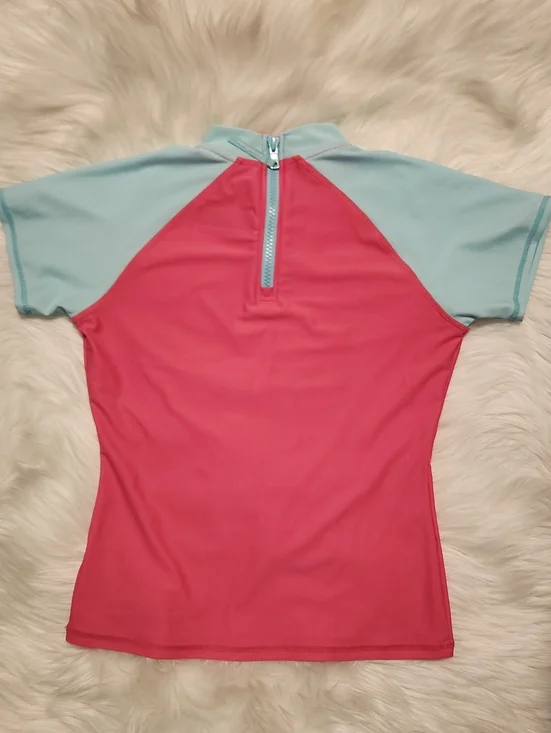 Eddie Bauer - Colorblock Rash Guard - Pink with Light Blue Sleeves  - Size 10-12