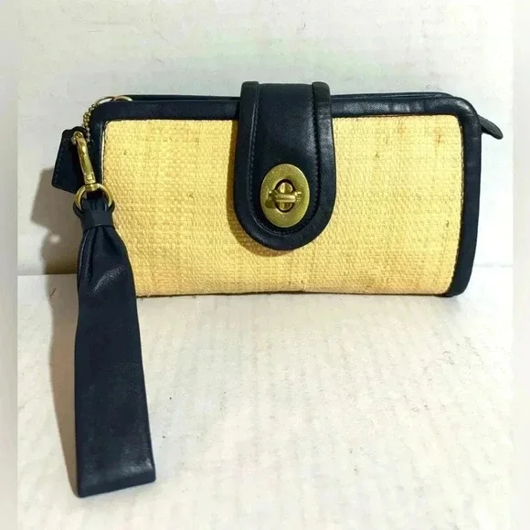 Coach beige straw & navy blue leather clutch wristlet