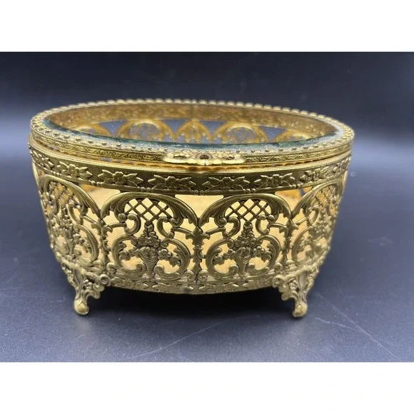 Vintage Ormolu Beveled Glass Filigree Oval Footed Trinket Box 6
