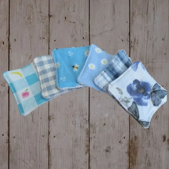 Handmade Makeup Remover Pads,  6 Blue Square Pads, Flannel and Terry Cloth