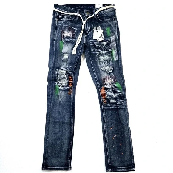 Rue21‎ Premium Men Skinny Fit Distressed Patchwork Jeans 32x30