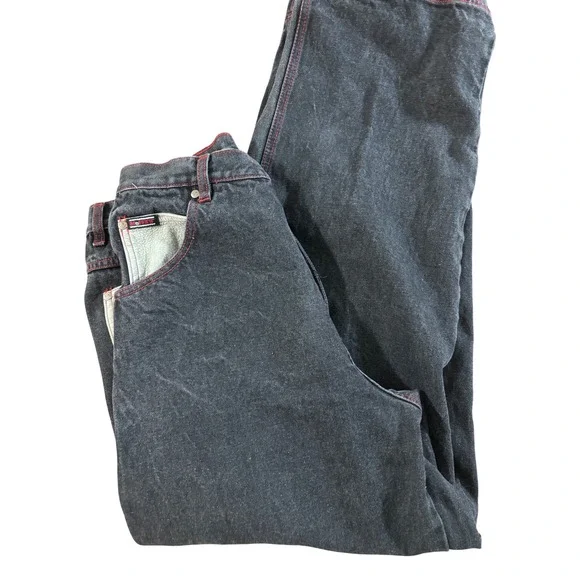 MOFFATT Mens Black Washed Denim Jeans‎ Red Stitching Leather Pocket Detail