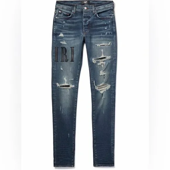 AMIRI Skinny-Fit Leather Appliquéd Distressed Jeans Blue/Black 32 NWT