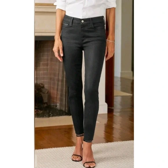 Frank & Eileen Sligo Skinny Black Stretch Italian Waxed Denim Jeans Raw Hem 32