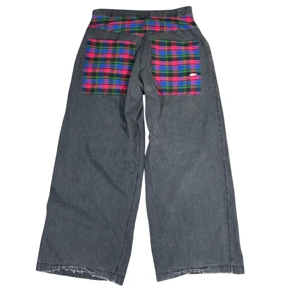 Vintage Rare 90's JNCO's Wide Leg Jeans Black Denim Bold Plaid Y2K Streetwear