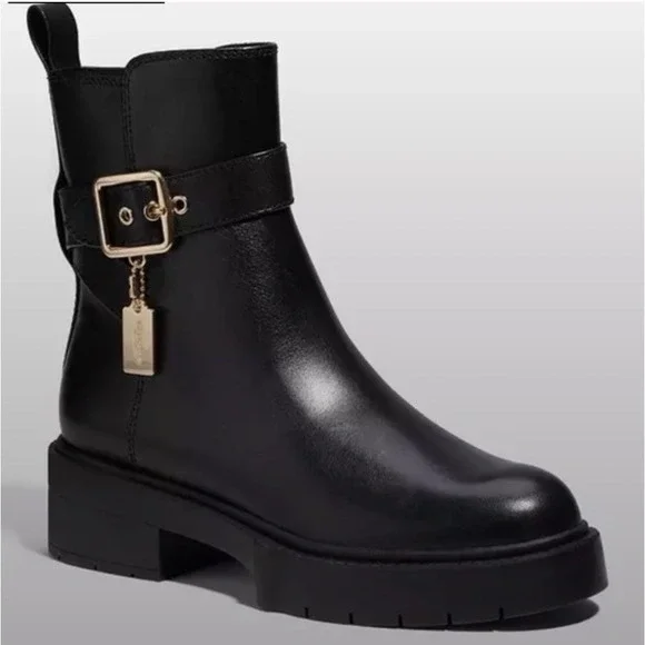 Coach‎ Lacey Black Leather Lug-Sole Zip Up Ankle Buckle Boots Black Sz-8