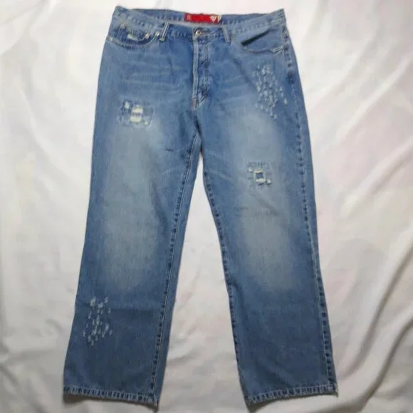GUESS mens JEANS denim BLUE distressed BUTTON-FLY wide leg SIZE 38x30
