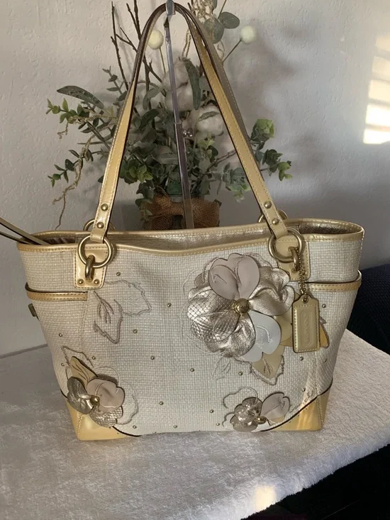Coach Limited Edition Hampton Cream Tote with Gold Floral Appliqués