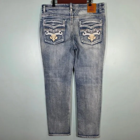Mens‎ Western Blue Jeans ESDVQ Light Wash Thick Stitch Embroidered 37x30 Y2K