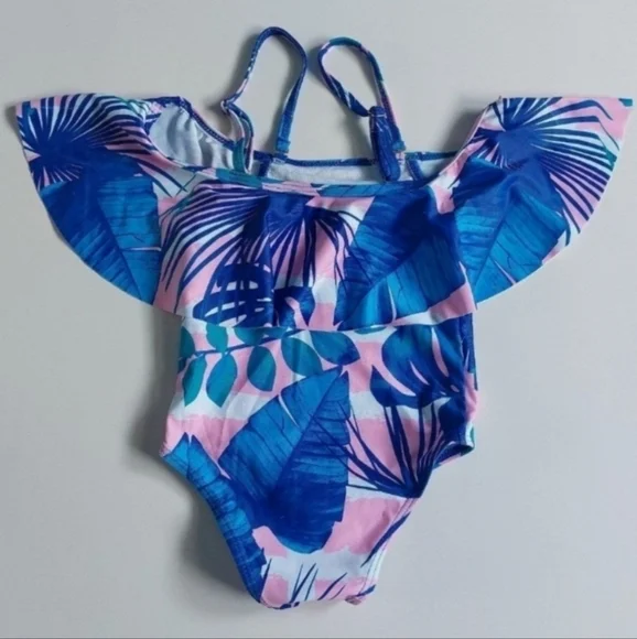 Bikini tropical print one piece toddler‎ Girls blue pink  Size 2Y