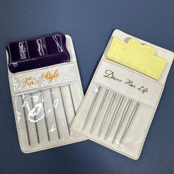 VTG Diane Hair Lift Pick Lot 2 Metal Pick Purple Wht Plastic Case 4