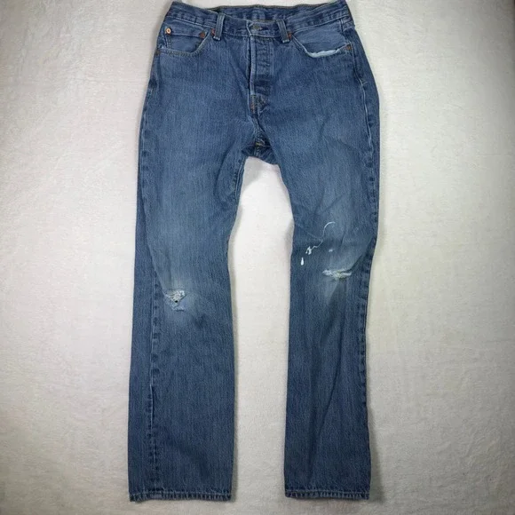 Levi's 501 Jeans Mens W32 L32‎ Distressed Denim Button Fly Blue Cotton