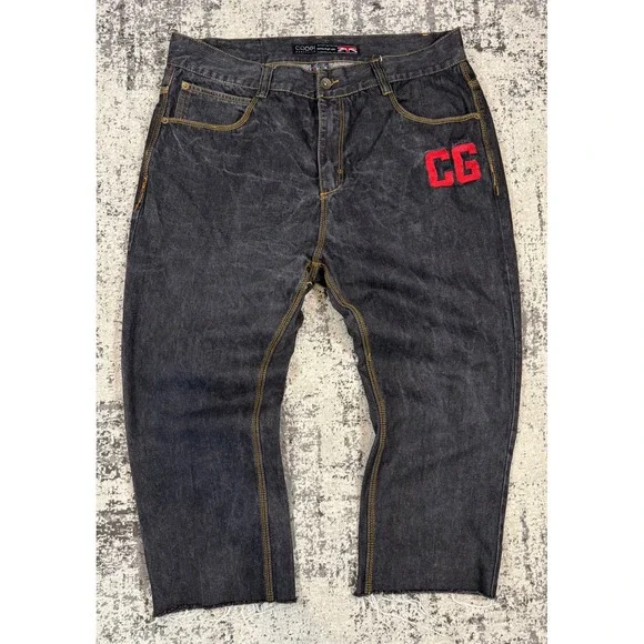 COOGI Mens 44x26 Black Embroidered Denim Jeans Cropped Y2K Hip Hop Baggy