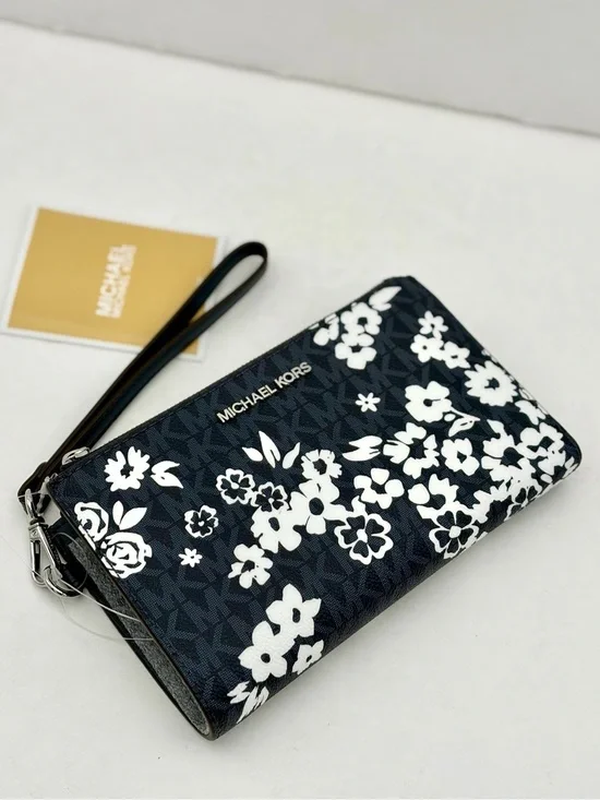 Michael Kors Navy Blue Floral Logo Wristlet Clutch