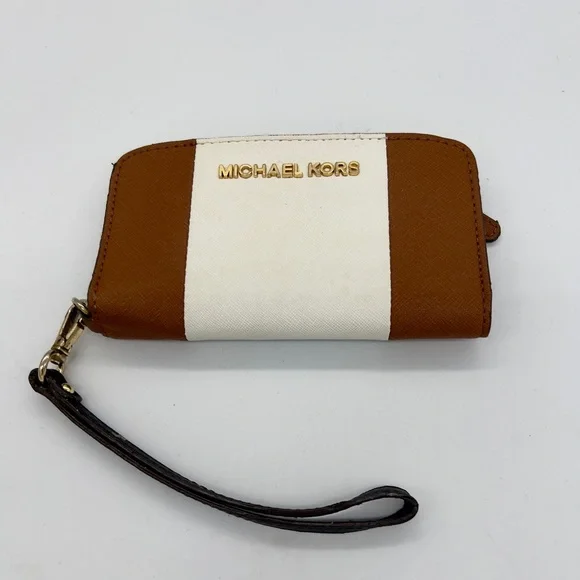 Michael Kors brown and White Stripe Zip Wristlet