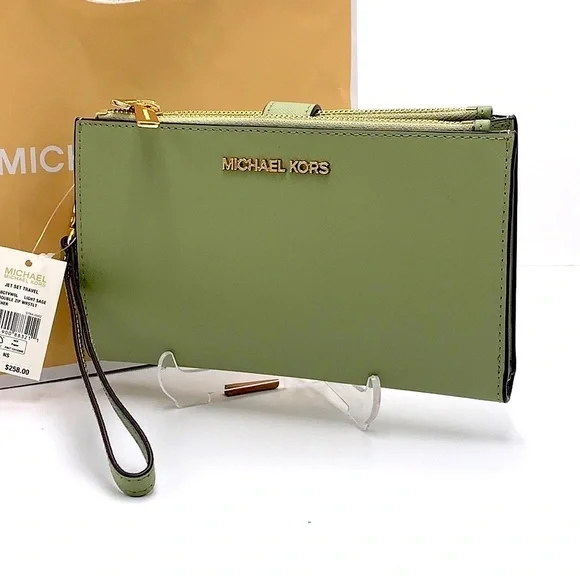 MICHAEL KORS LARGE DOUBLE ZIP WRISTLET WALLET LIGHT SAGE