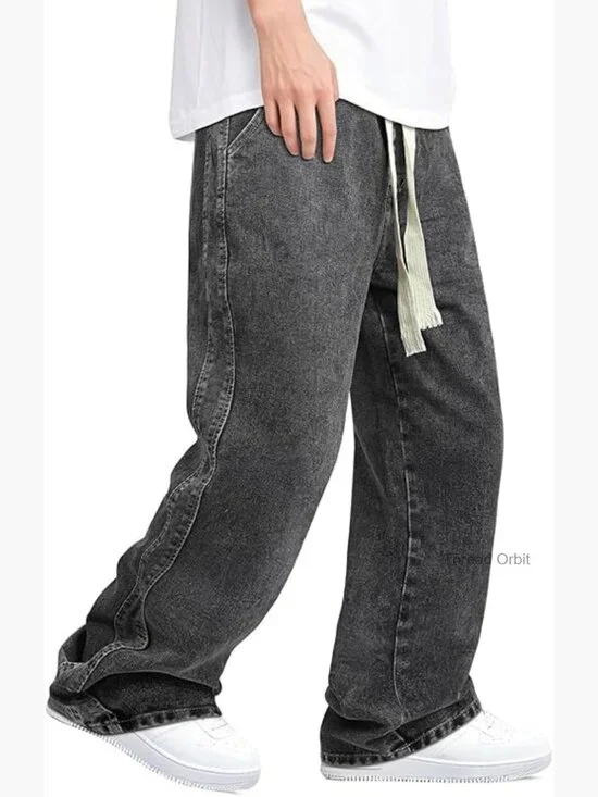 Baggy Elastic Waisted Denim Jeans for Men Drawstring Streetwear