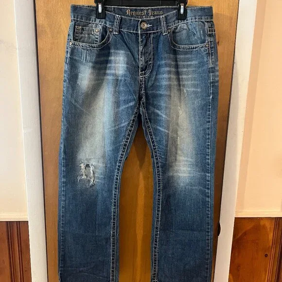 Request Men's Blue Straight Relaxed Distressed Stonewashed Denim Jeans 34 x 32