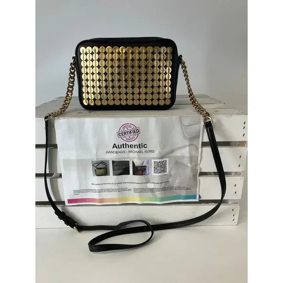 MICHAEL KORS SMALL BLACK, GOLD LEATHER CROSSBODY BAG (ASIS)