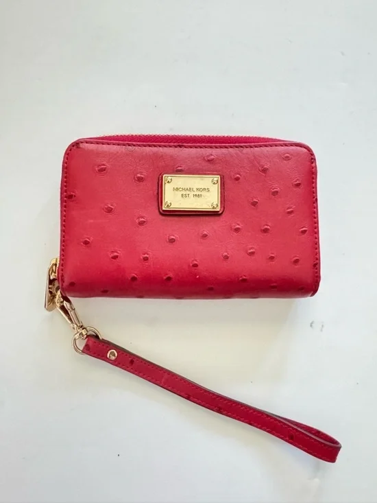 Michael Kors Red Ostrich Leather Small Wallet Wristlet Zip Around