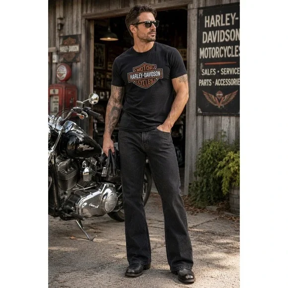 Harley Davidson Men's Black Bootcut Jeans 32x29 Motorcycle Biker Denim Logo