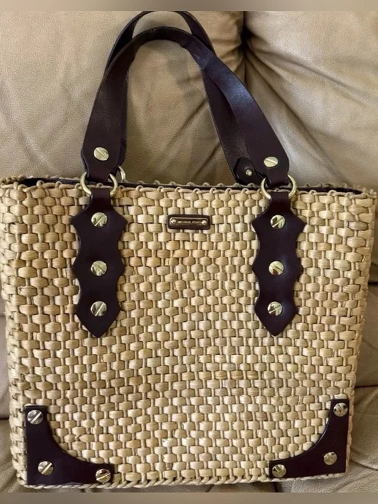 MICHAEL Kors Santorini Raffia Straw Tote Handbag Brown Leather Accents