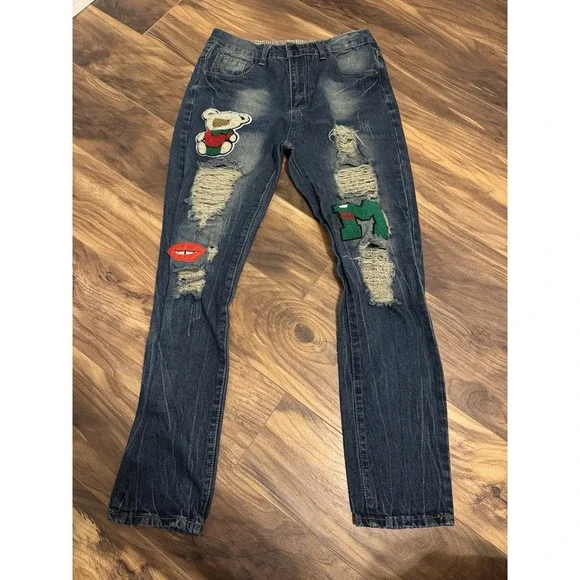 Distressed Slim Straight Jeans denim Patch Ripped Size 32x30