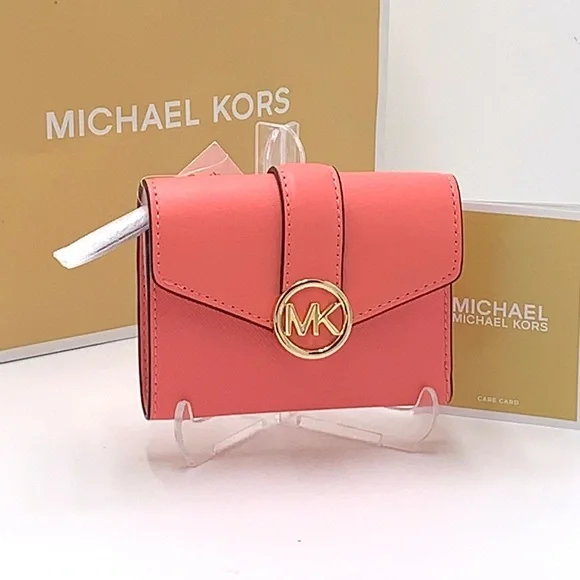 NWT MICHAEL KORS CARMEN MEDIUM FLAP BIFOLD WALLET GRAPEFRUIT COLOR