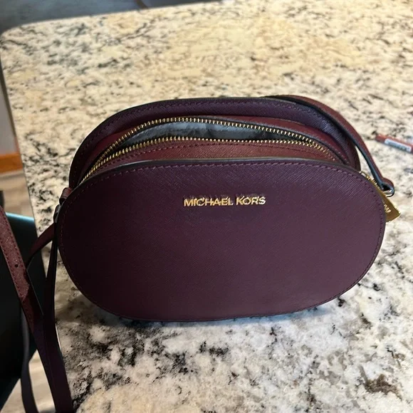 Michael Kors Plum Saffiano‎ Leather Oval Crossbody Bag with Gold Hardware