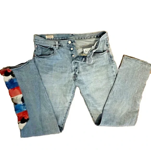 LEVI'S PREMIUM BIG E 501 '93 STRAIGHT PATCHWORK DENIM JEANS BUTTON FLY W33 L32