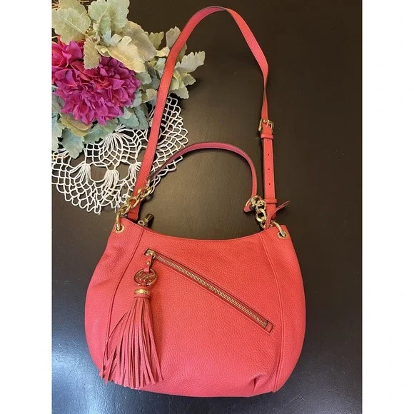 Michael Kors NWT Watermelon Coral Leather Tassle Charm Shoulder Handbag As Is
