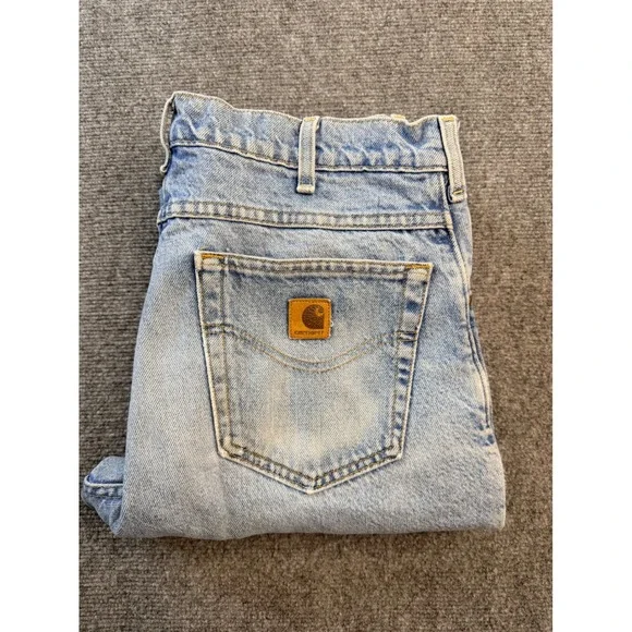 Vintage Carhartt 34x34 Light Wash Denim Jeans USA Made Workwear Straight Leg Men