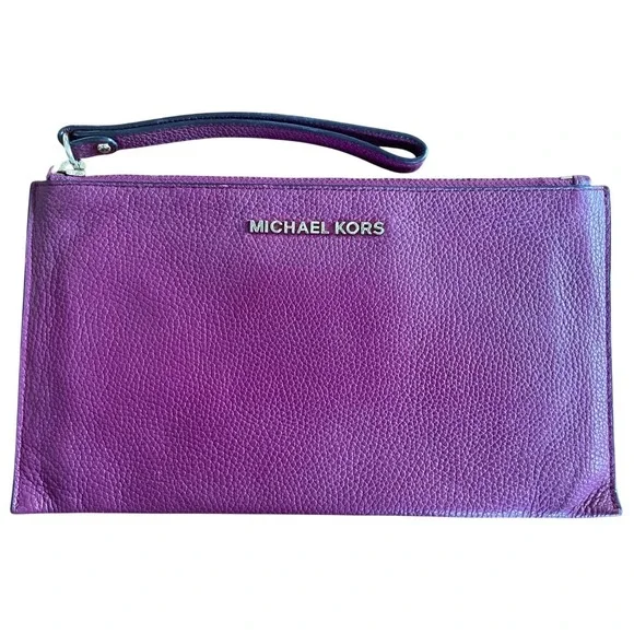 Michael Kors Adele Large Flat Wristlet Purple Pebbled Leather Clutch Bag