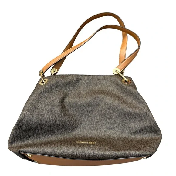 Michael Kors Brown Signature MK PVC Shoulder Tote Bag Acorn Leather Trim Large