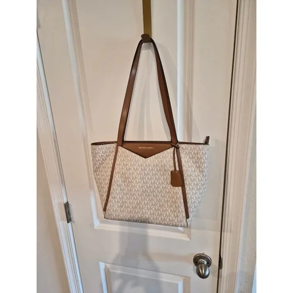 Michael Kors Signature MK‎ Monogram Tote Bag Tan Leather Trim Cream BrownLarge